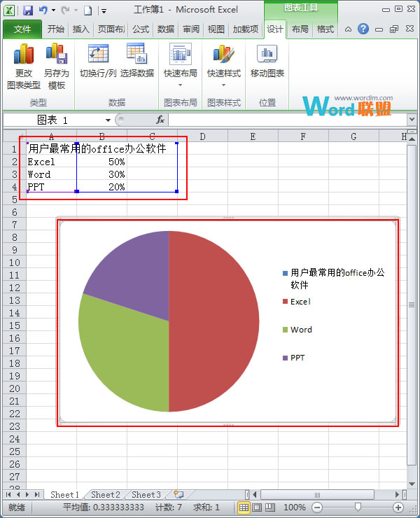 Excel2010简单扇形统计图的制作(图3) 建立图表