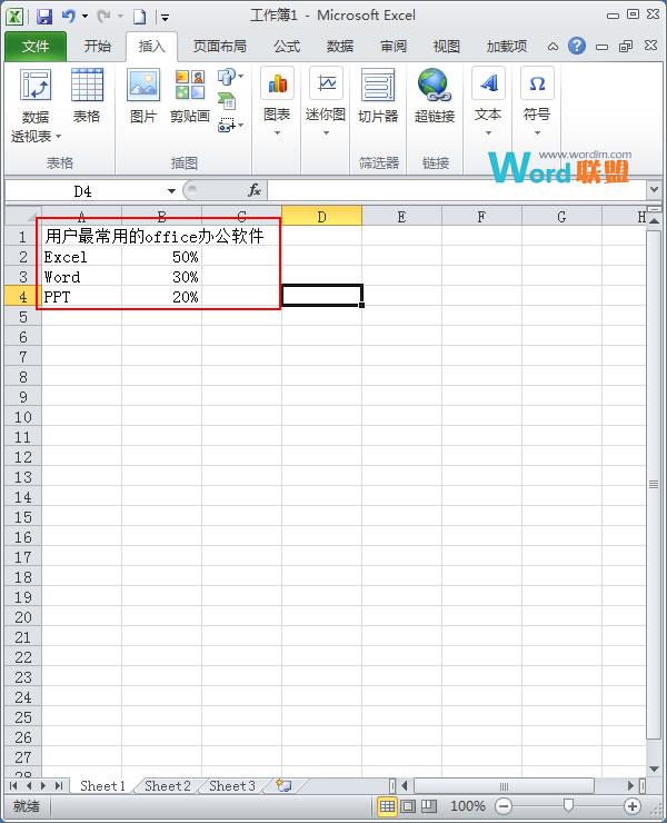 Excel2010简单扇形统计图的制作(图1) 输入文本数据