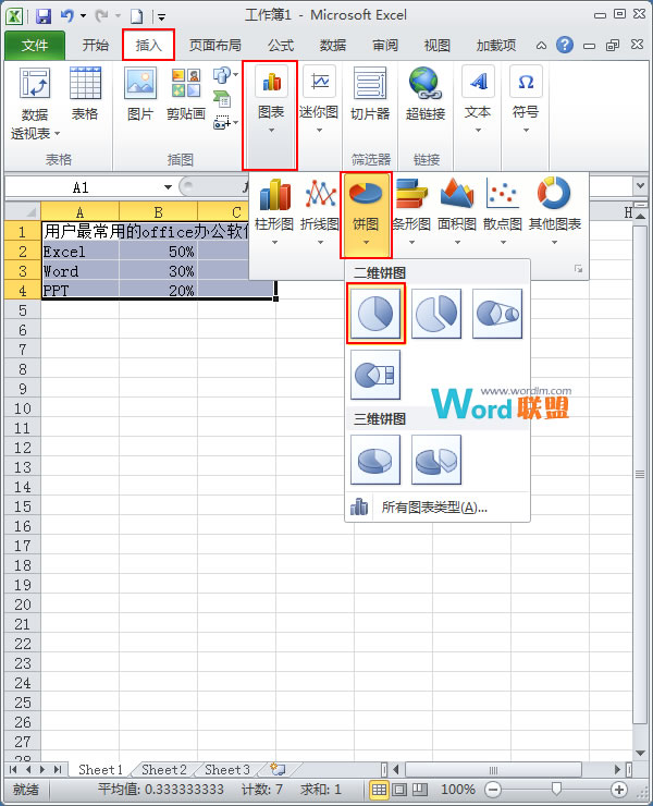 Excel2010简单扇形统计图的制作(图2) 选中文本插入饼图