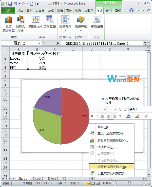 Excel2010简单扇形统计图的制作(图5) 设置数据标签格式