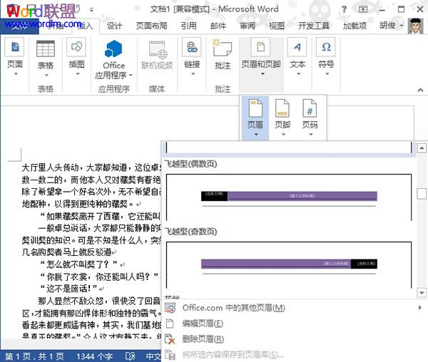 Word2013中插入个性化页眉并调整边界距离(图2) 自己定义